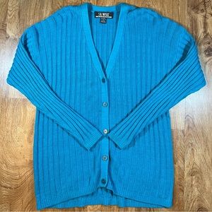 Vintage Cozy Sk Wear Striped Ribbed Teal / Aqua Cardigan Women’s Size Medium.